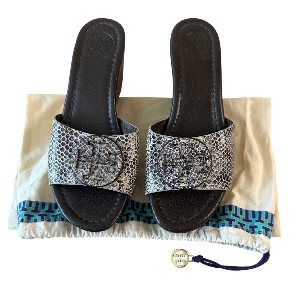 Tory Burch Robinson Snake Embossed Wedge Slides Sandals Sz 7.5 Dust Bag